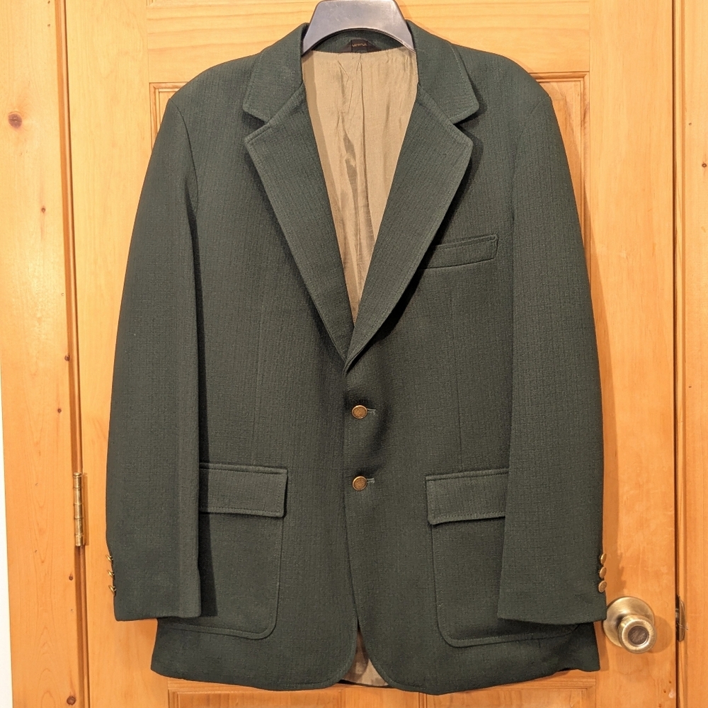 VTG Blazer Sport Coat Jacket Green Hopsack Business Casual Career Office Men 42L
